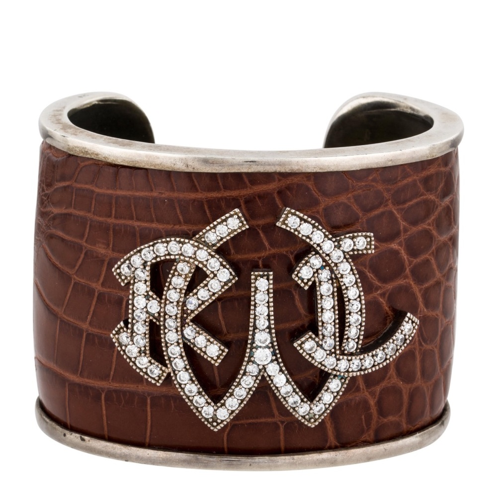 Ralph Lauren brown alligator leather and Sterling Silver cuff with crystals